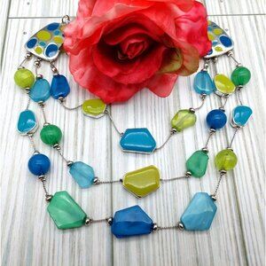 Cute & Colorful Multi Strand Silver Tone Statement Necklace Blue & Green Beads